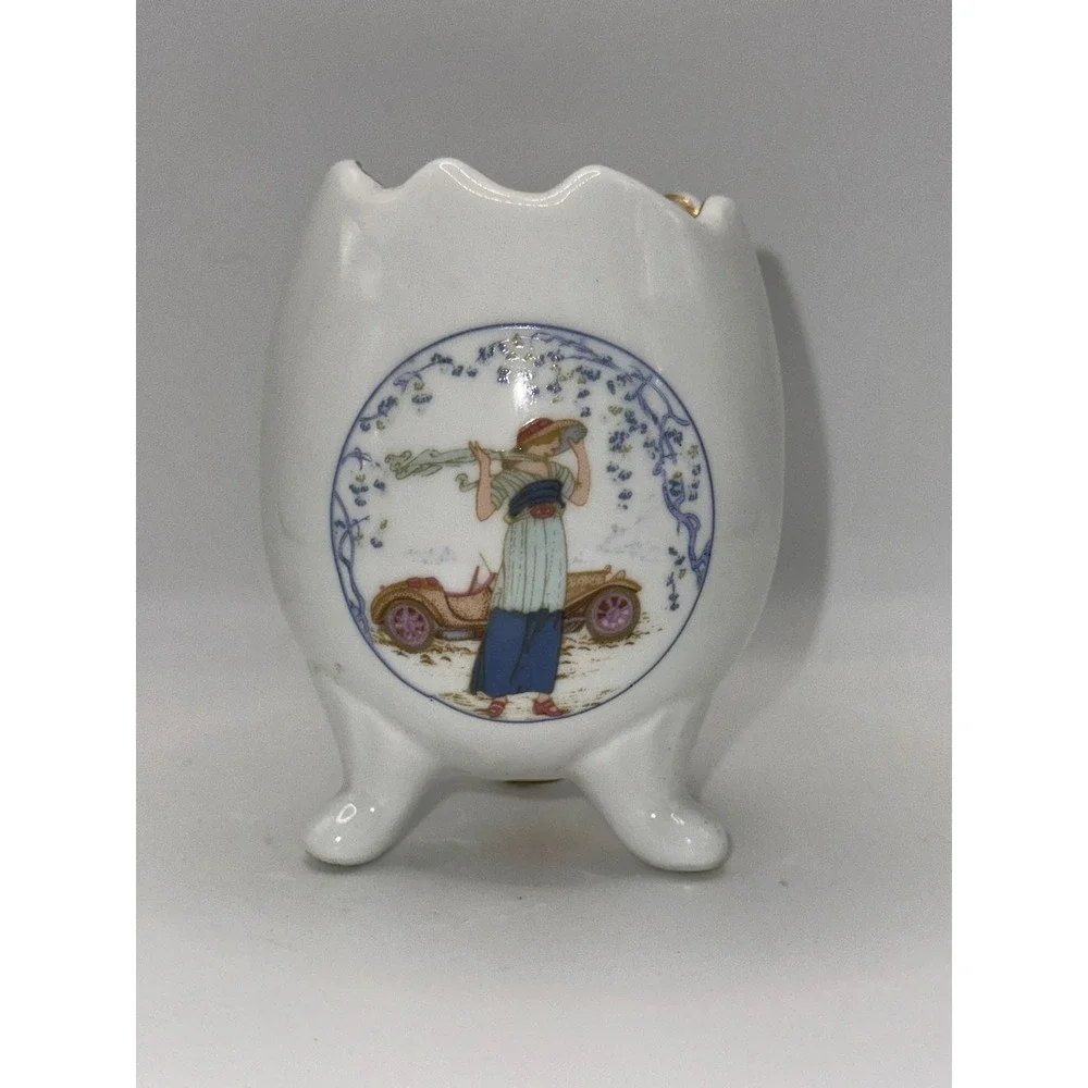 Vintage Bone China Egg Vase Tripod Footed Gold Trim Lady with Classic Car 3